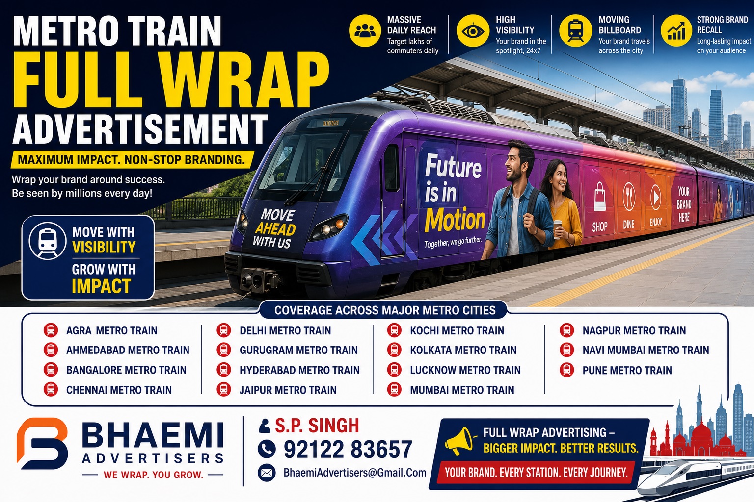 Metro Train Advertising – Advertisement In Agra , Ahmedabad , Bangalore , Chennai , Delhi , Ghaziabad , Gurugram , Hyderabad , Jaipur , Kochi , Kolkata , Lucknow , Mumbai , Navi Mumbai , Nagpur , Noida , New Delhi Pune Metro Train