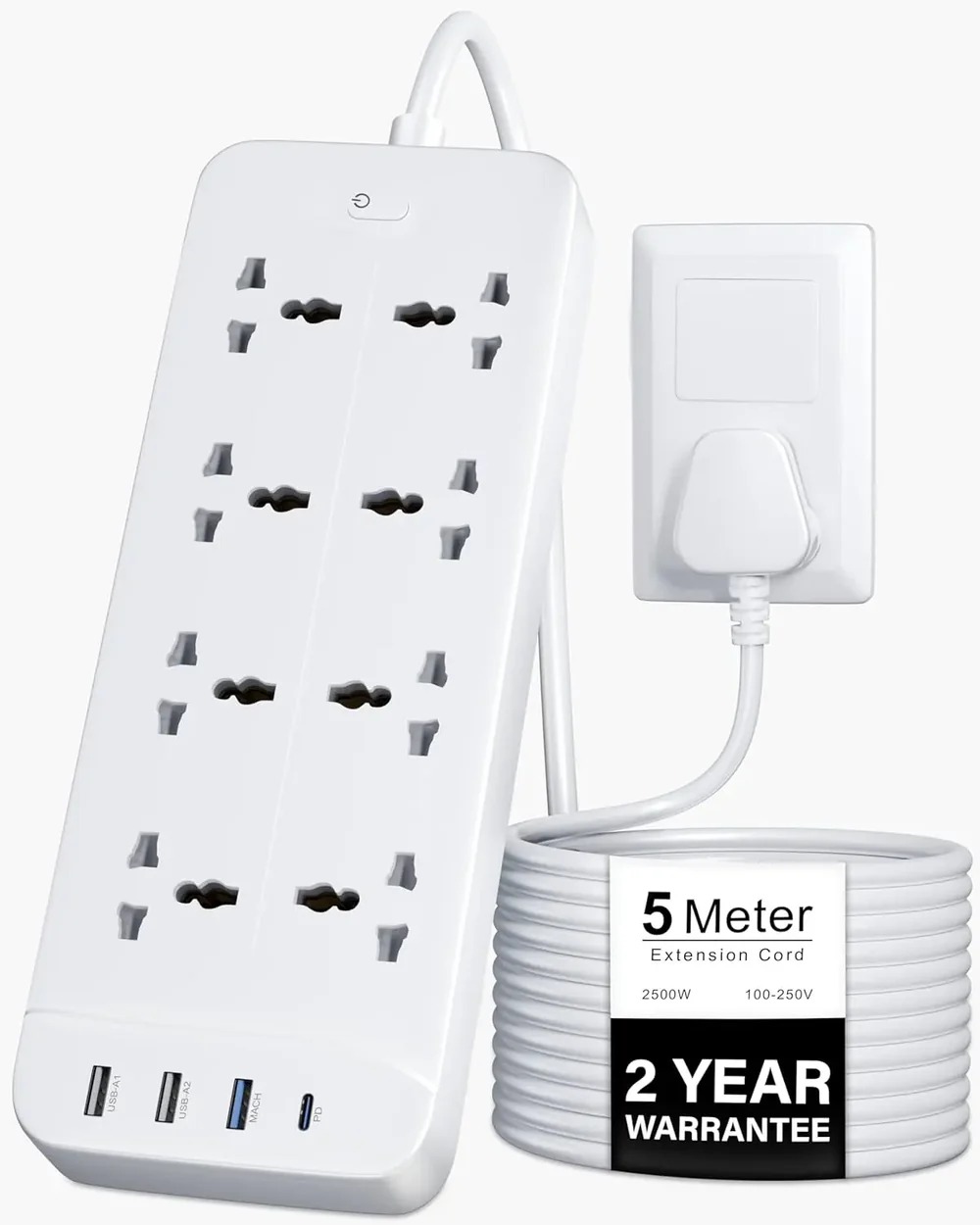 FEDUS 8 Sockets Surge Protector with USB-A & USB-C Ports 5M