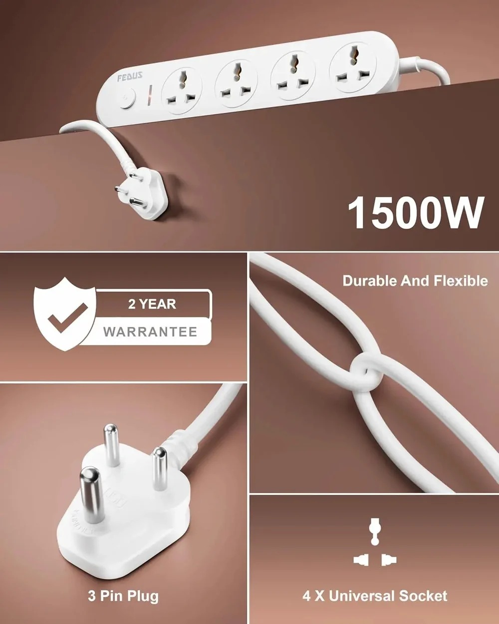 FEDUS 4 Universal Sockets with Individual Switch 2M