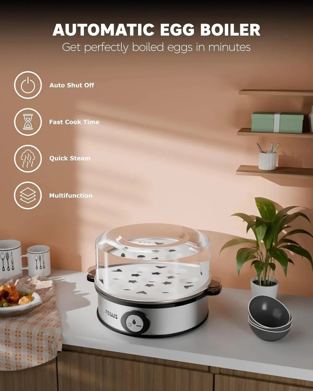 FEDUS EGGLINE Automatic 7 Egg Boiler Steamer