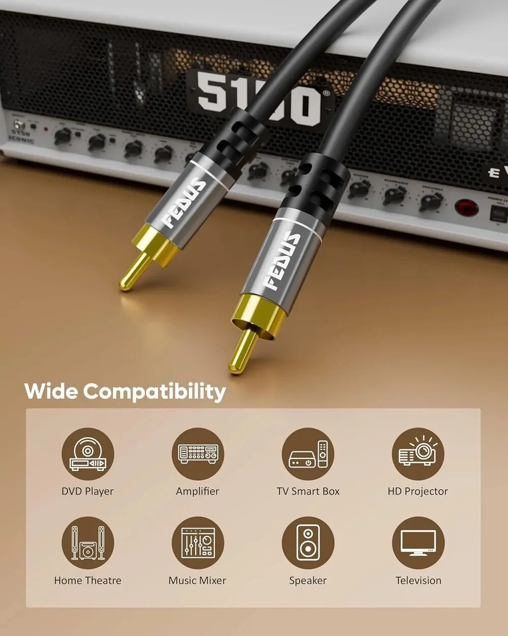  FEDUS Subwoofer Cable, Double Shielded RCA To RCA Audio Cable 1.5M