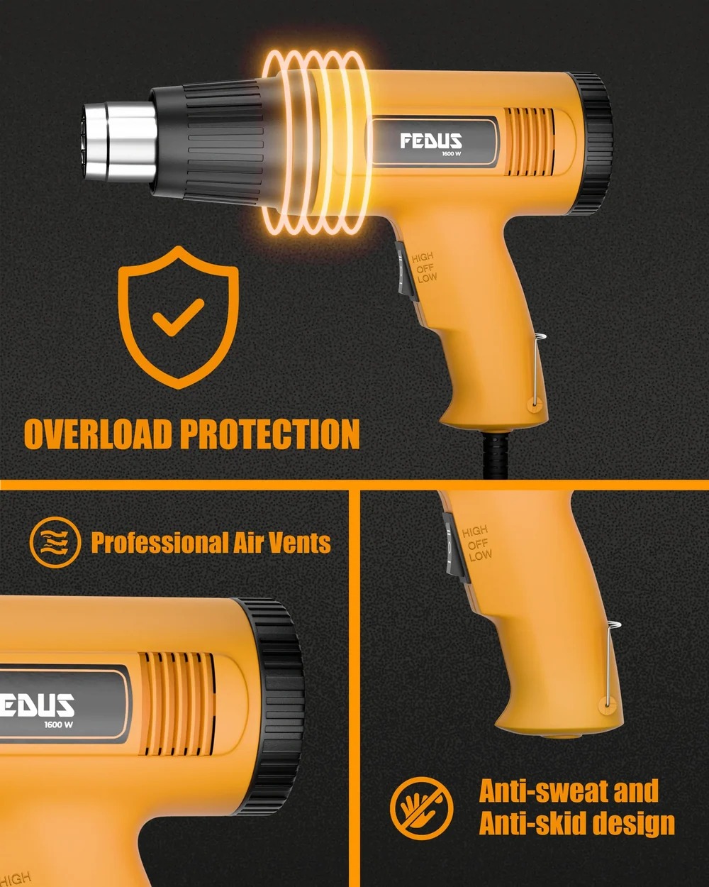 FEDUS Heat Gun Temperature Machine 1600W 5 Nozzles Included