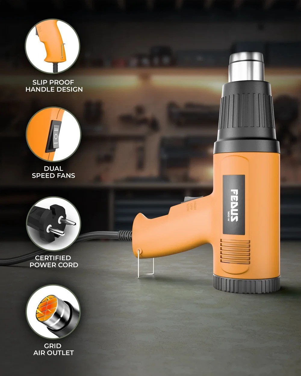  FEDUS Heat Gun Temperature Machine 1600W 5 Nozzles Included
